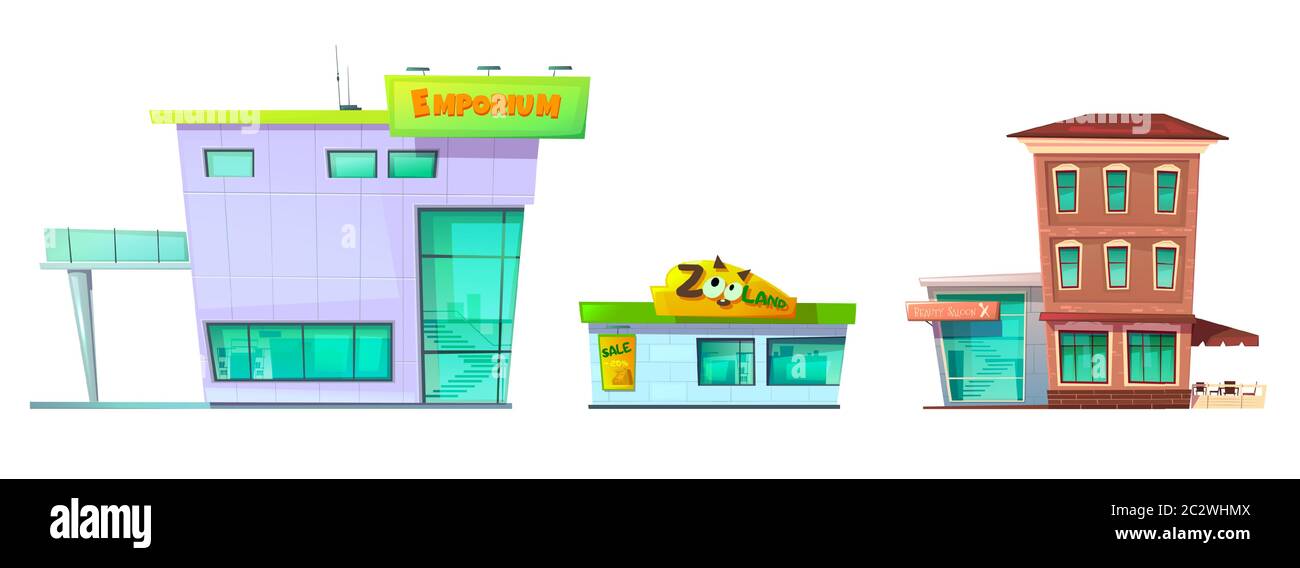 Illustration de l'ensemble de dessins animés de construction rétro urbaine. Vieux et moderne centre commercial, résidentiel, bâtiments gouvernementaux avec magasin, restaurant ou café Illustration de Vecteur