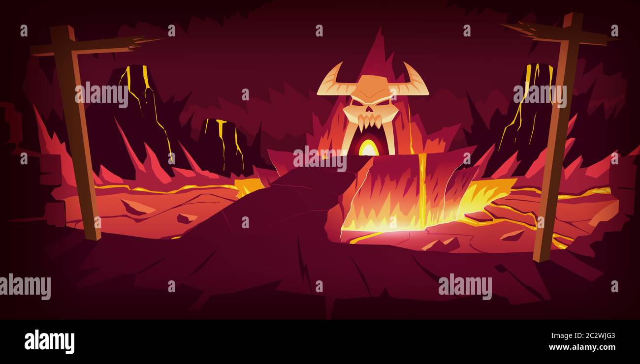 Paysage d'enfer, illustration vectorielle de dessin animé. Grotte et pont en pierre infernale, route vers l'enfer avec roche de chaleur et volcans, coulant de la lave ou du liquide en fusion Illustration de Vecteur