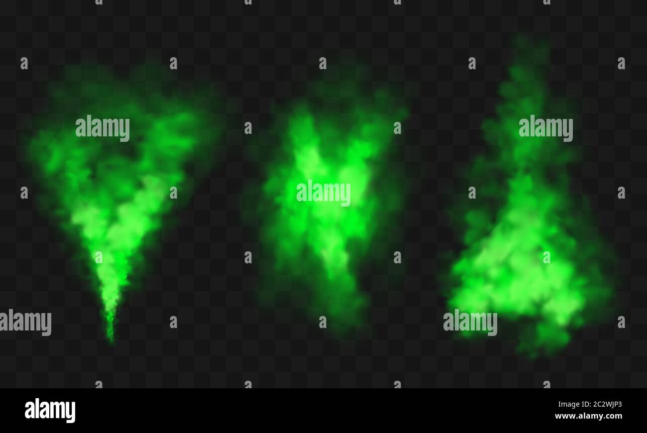 Fumée verte, mauvaise odeur désagréable, gaz toxique illustration réaliste de vecteur. Nuage de slink vert, smog ou vapeur chimique, kit de pulvérisation de couleur de brume de stench iso Illustration de Vecteur