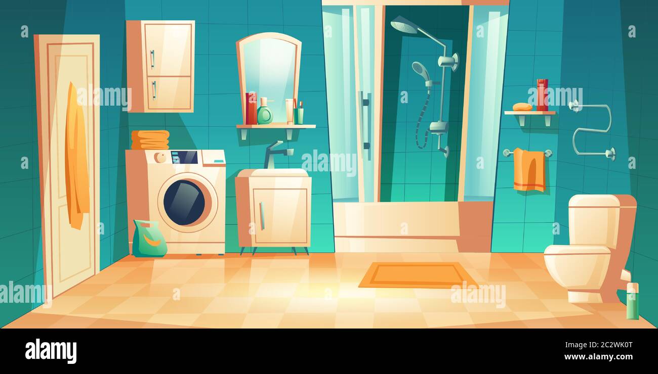 Intérieur moderne de la salle de bains avec mobilier et illustrations vectorielles. Cabine de douche, lave-linge, lavabo et toilettes, étagères et étagère pour accessoires, serviette chauffée Illustration de Vecteur