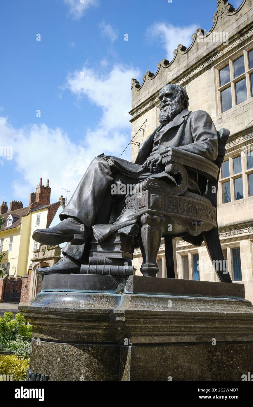 Statue de Charles Darwin devant l'ancienne école Shrewsbury où il a été instruit Banque D'Images