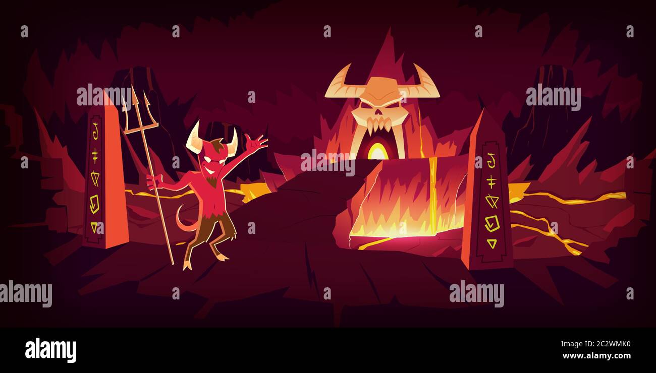 Paysage d'enfer, illustration vectorielle de dessin animé. Grotte et pont de pierre de diable infernal, route vers l'enfer avec roche de chaleur et volcans, coulant lave en fusion ou l Illustration de Vecteur
