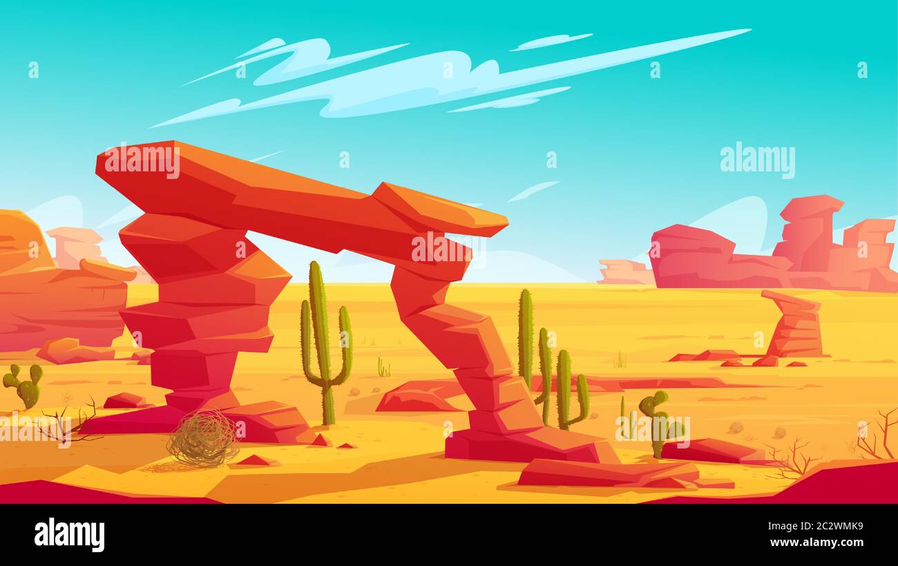 Arche du désert sur fond naturel de paysage désertique chaud avec sable jaune et tumbleweed sec, montagnes rouges, ciel bleu avec nuages légers et CAC vert Illustration de Vecteur
