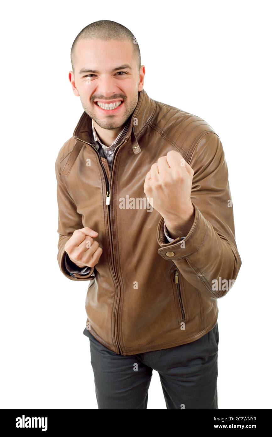 Jeune homme heureux gagnant, isolated on white Banque D'Images