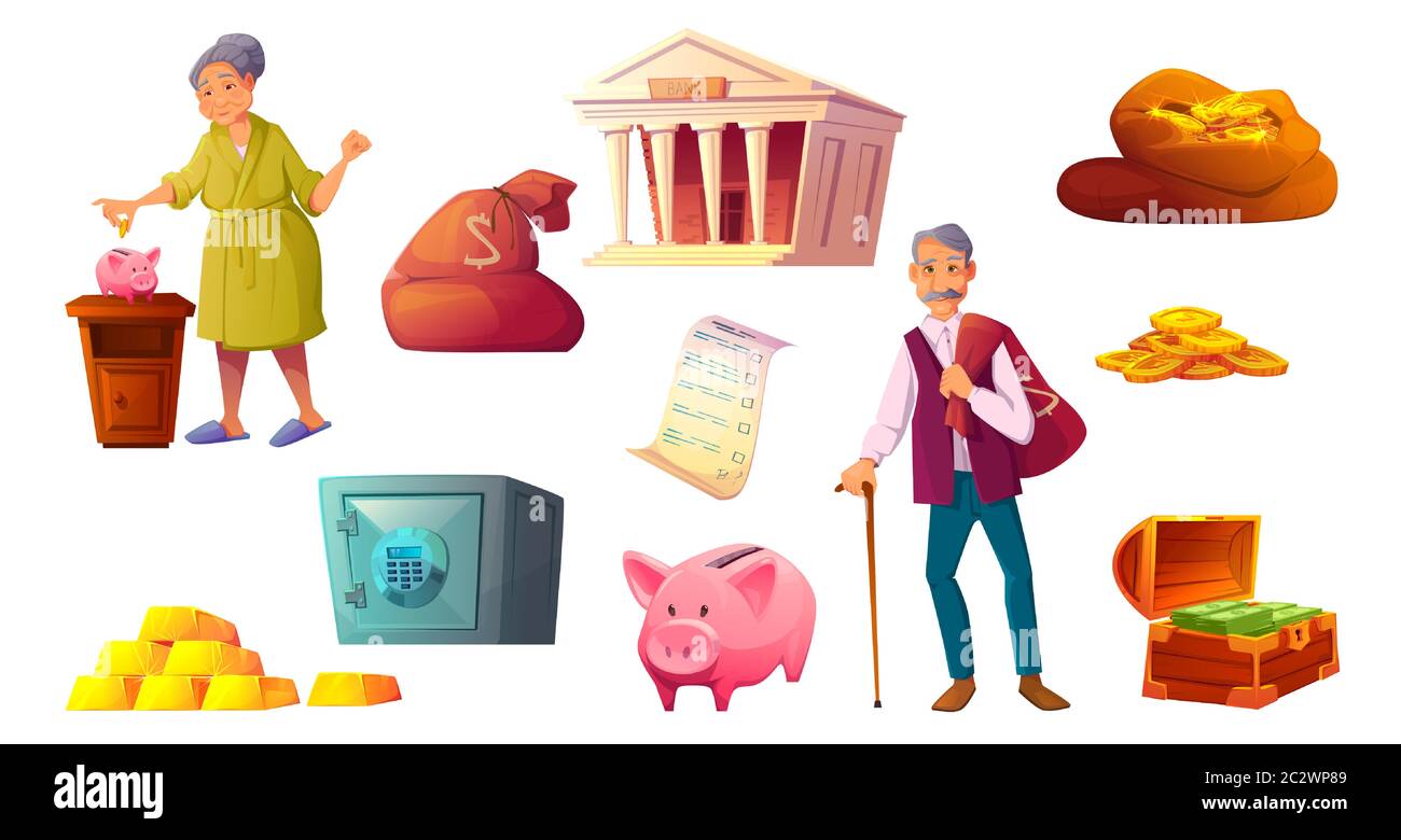 Fonds de pension, économie d'argent caricatures icônes illustration vectorielle. Personnages seniors avec leurs économies, icône de banque de porc rose, bâtiment de banque, dépôt de coffre, Illustration de Vecteur
