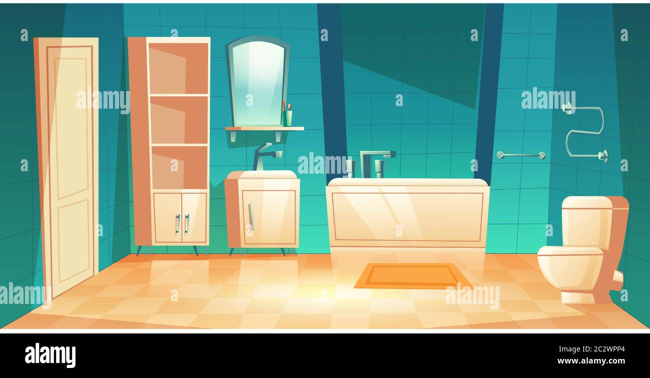 Intérieur moderne de la salle de bains avec mobilier et illustrations vectorielles. Baignoire, lavabo et toilettes, étagères et étagère pour accessoires, porte-serviette chauffant, mi Illustration de Vecteur
