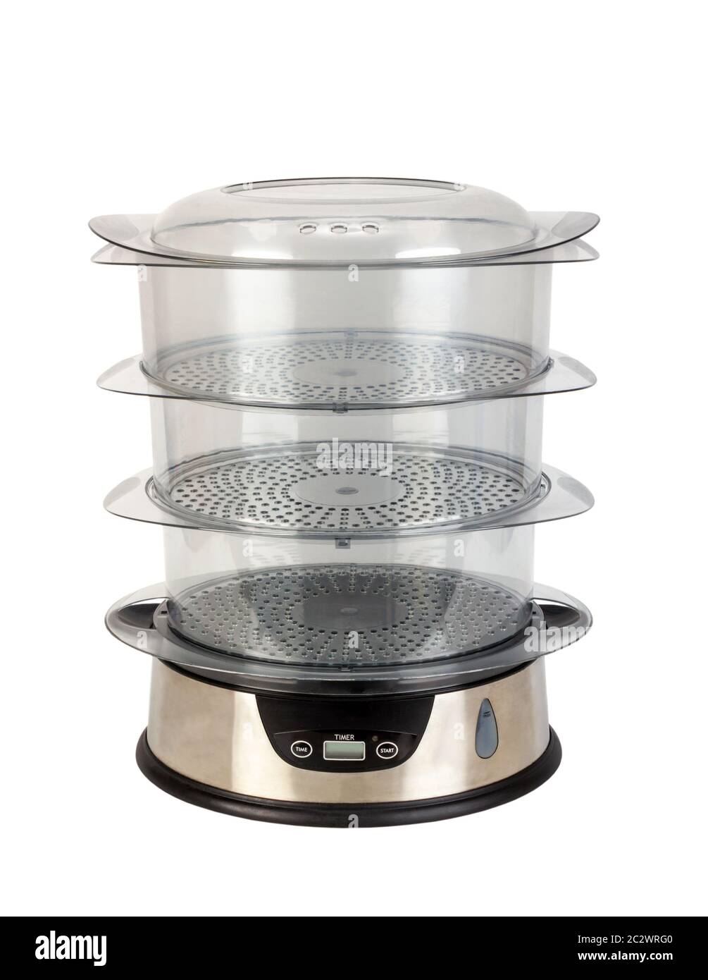 Appareil de cuisine cuiseur vapeur pour l'alimentation avec trois récipients transparents isolé sur un fond blanc. Banque D'Images