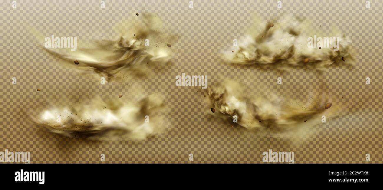 Ensemble de nuages de poussière. Fumée brune sale, épais smog avec sable mottes et particules de sol isolées sur fond transparent. Conception de vapeur de pollution de l'air Illustration de Vecteur