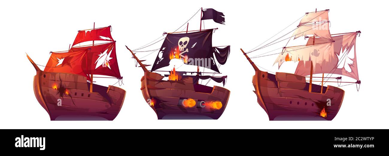 Bataille maritime de navires en bois. Combat de galléon pirate et de voiliers. Corsaires avec frégate d'attaque de drapeau noir. Vecteur caricature brisés de navires en feu avec c Illustration de Vecteur