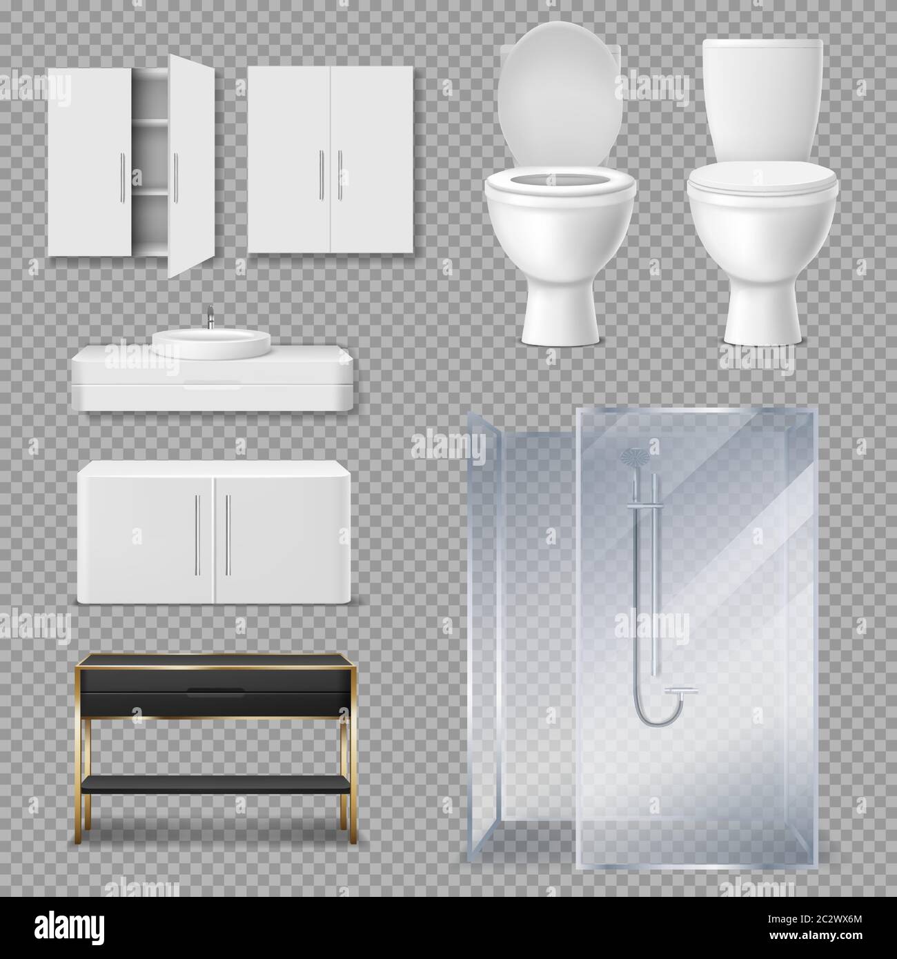 Mobilier pour salle de bains. Cabine de douche en verre réaliste Vector, cuvette de toilette avec couvercle de siège ouvert et fermé, lavabo et placards isolés sur la mer Illustration de Vecteur