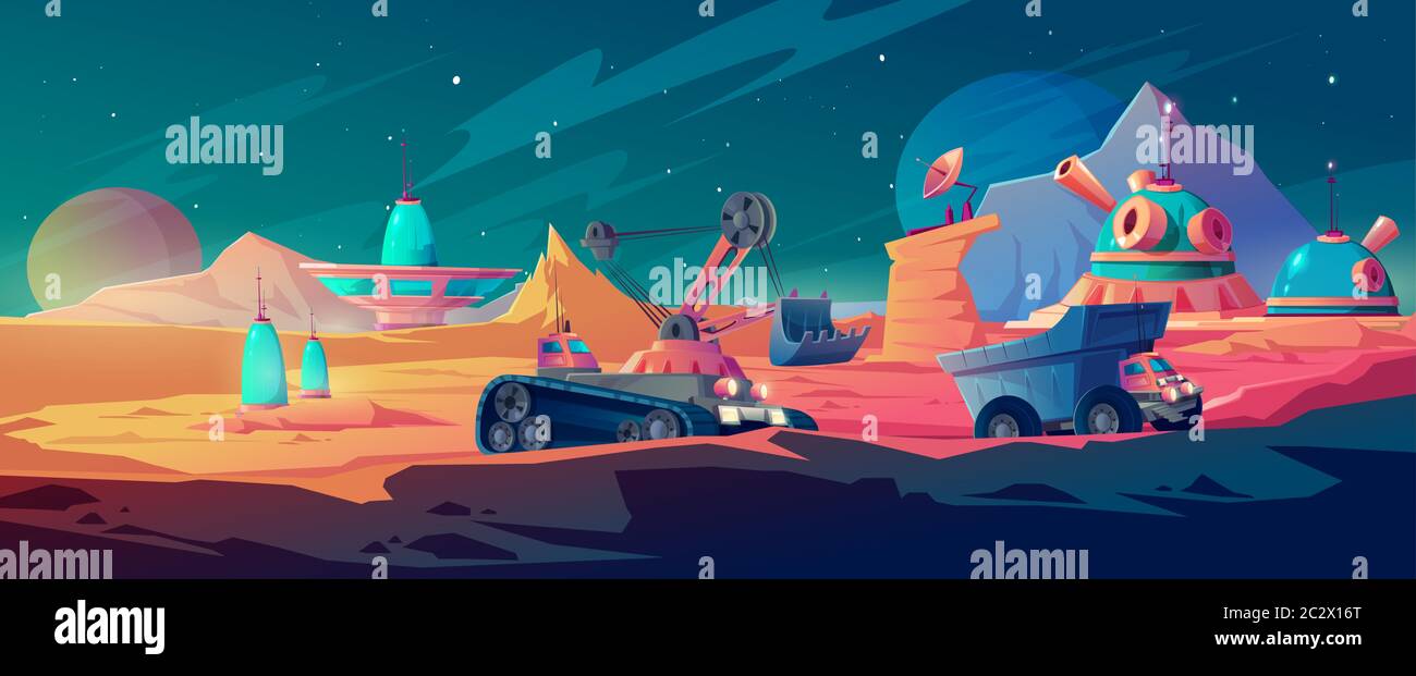 Colonisation de la planète et exploitation minière spatiale, conduite de pelles et de camions à proximité de bâtiments futuristes étrangers, extraction de gisements minéraux de surface mars, scientifique Illustration de Vecteur