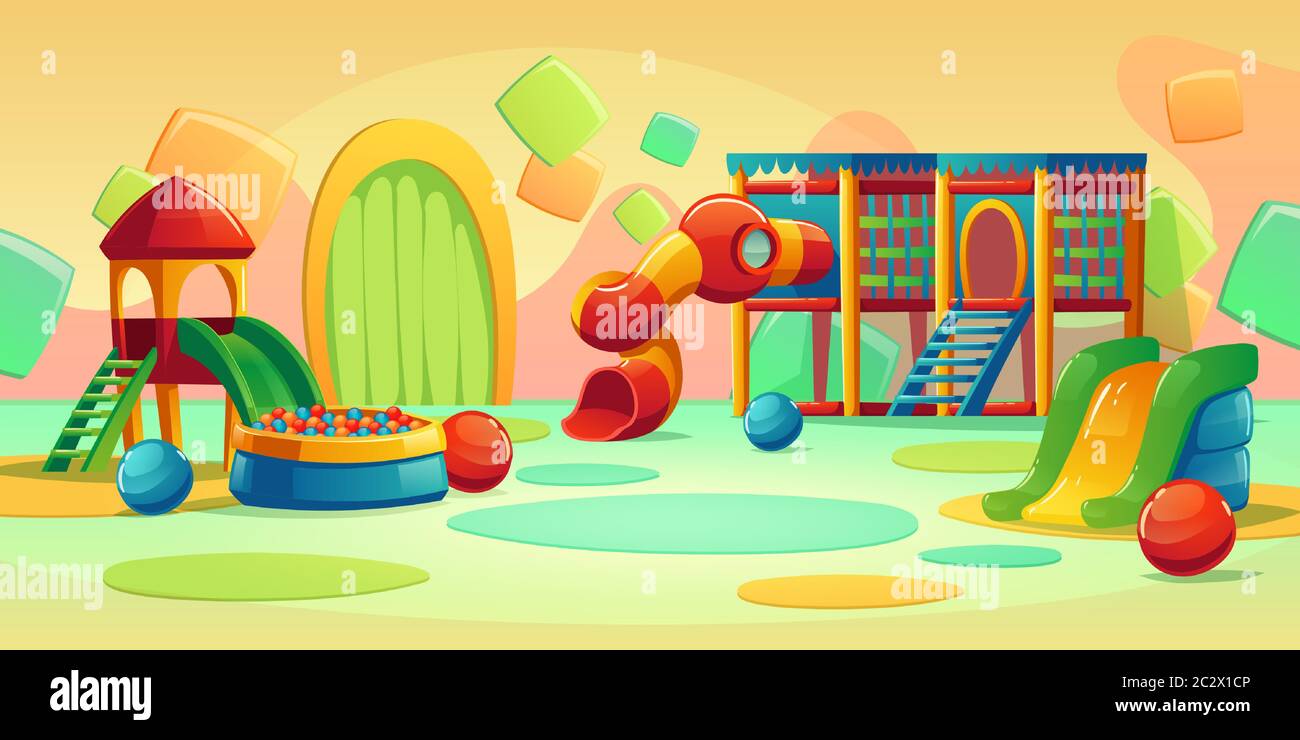 Aire de jeux pour enfants dans un parc de jeux avec toboggan en spirale,  maisons et piscine à balles. Dessin animé vectoriel vide à l'intérieur du  centre d'amusement, de la garderie ou