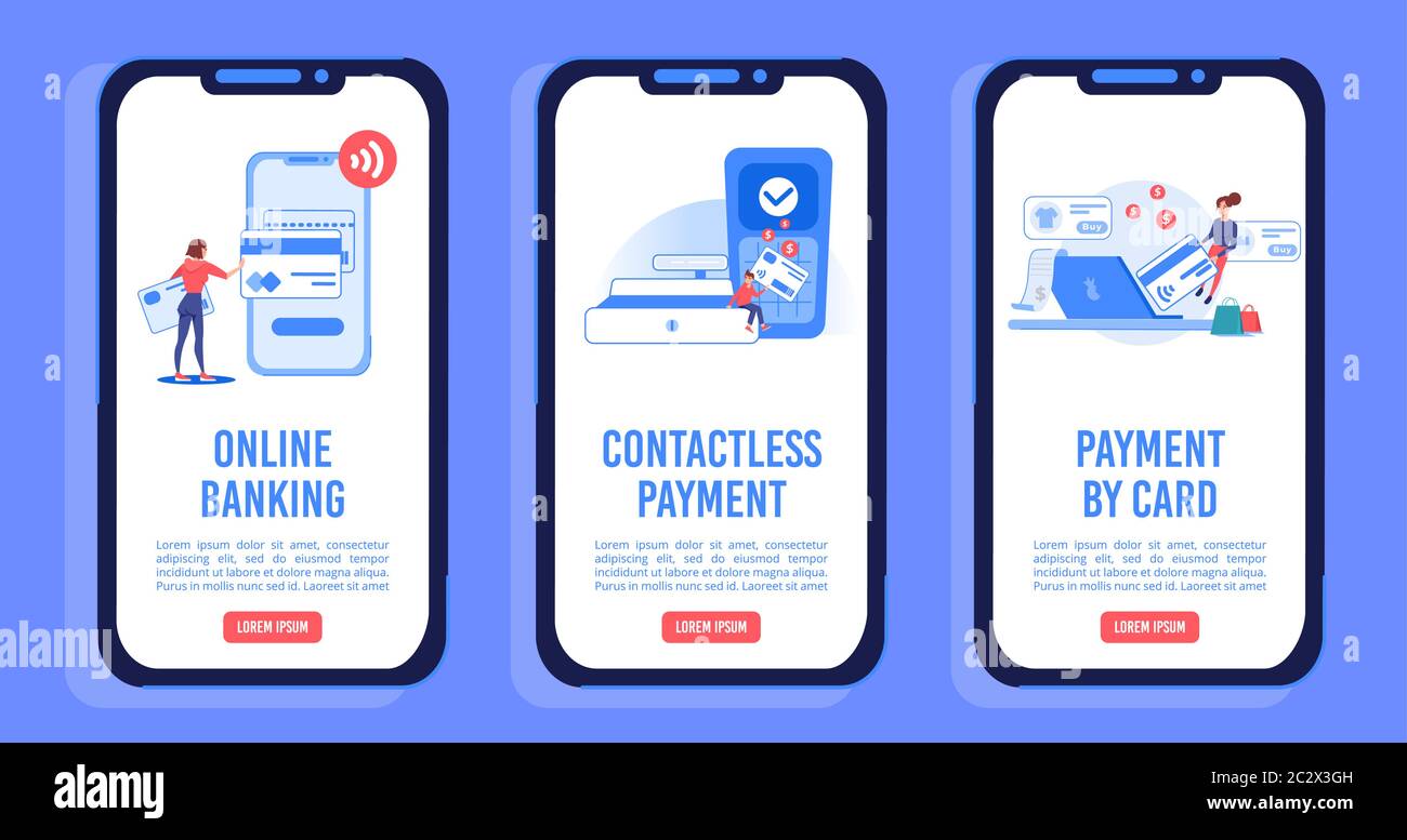 Services de paiement en ligne sur un ensemble de pages mobiles Illustration de Vecteur