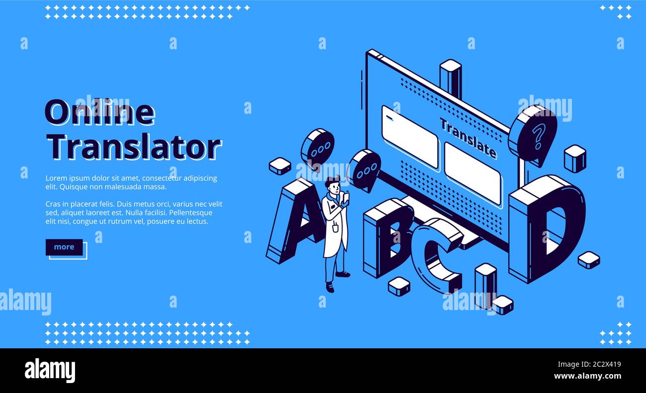 Page de renvoi isométrique du traducteur en ligne. Homme avec téléphone mobile debout devant un grand bureau avec des lettres latines autour de l'application multilingue o Illustration de Vecteur
