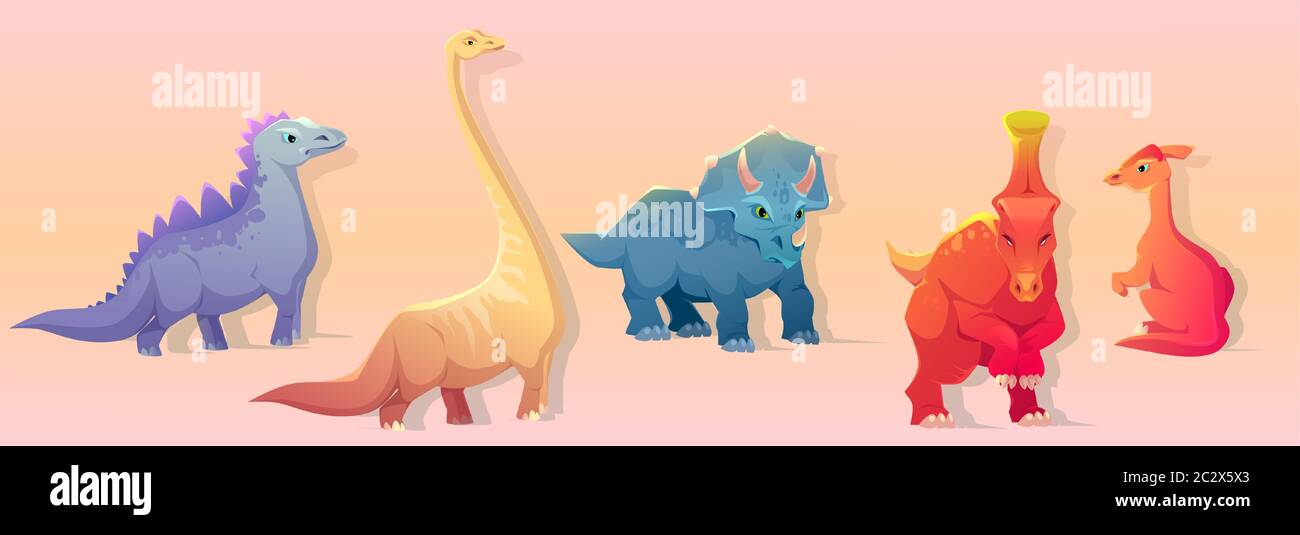 Falaise des dinosaures. Mignon dessin animé triceratops, parasaurolophus, brachiosaurus et stegosaurus. Personnages de vecteur dino, ensemble d'animaux préhistoriques fossiles Illustration de Vecteur