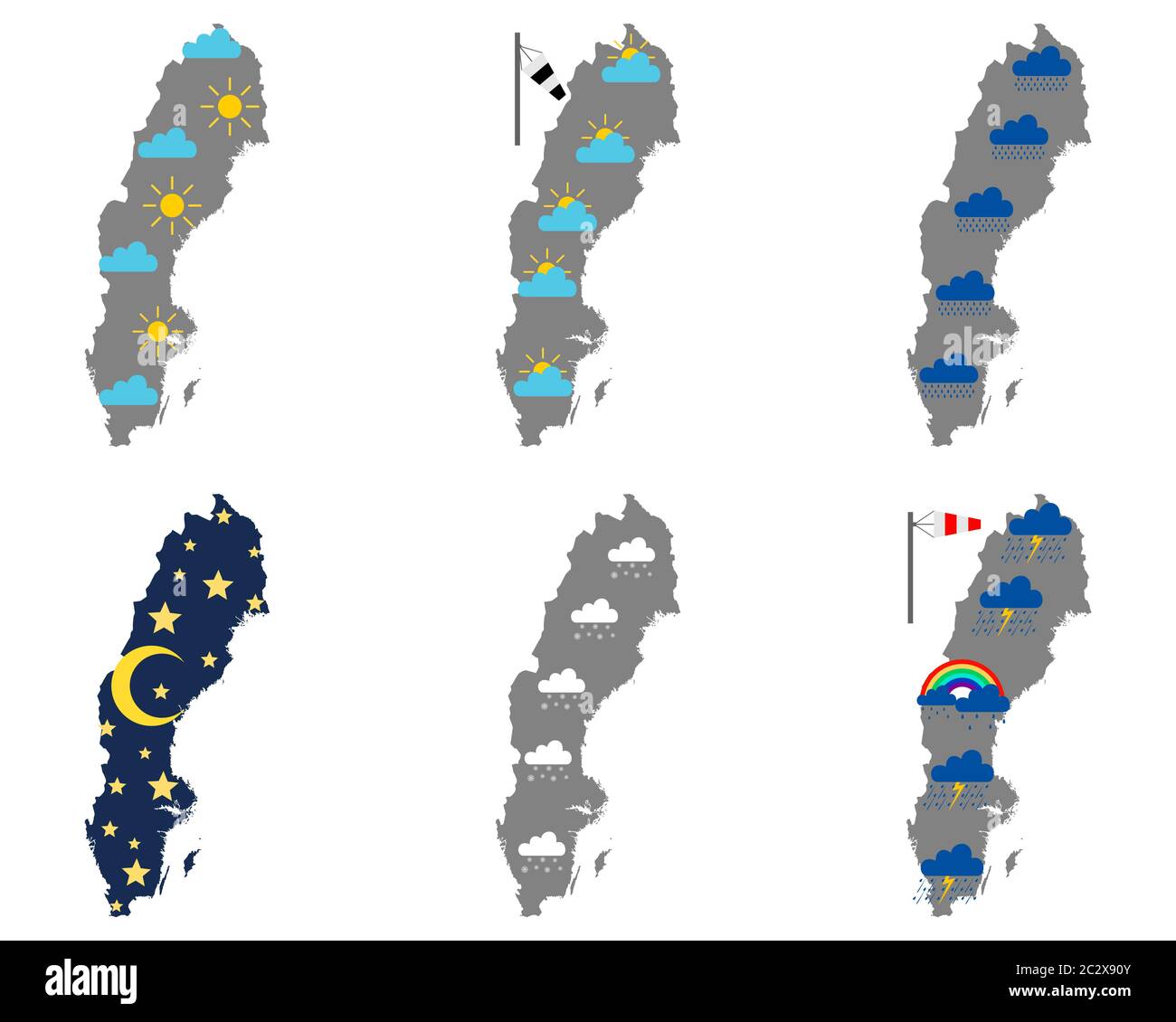 Karten von Schweden mit verschiedenen Wettersymbolen Banque D'Images