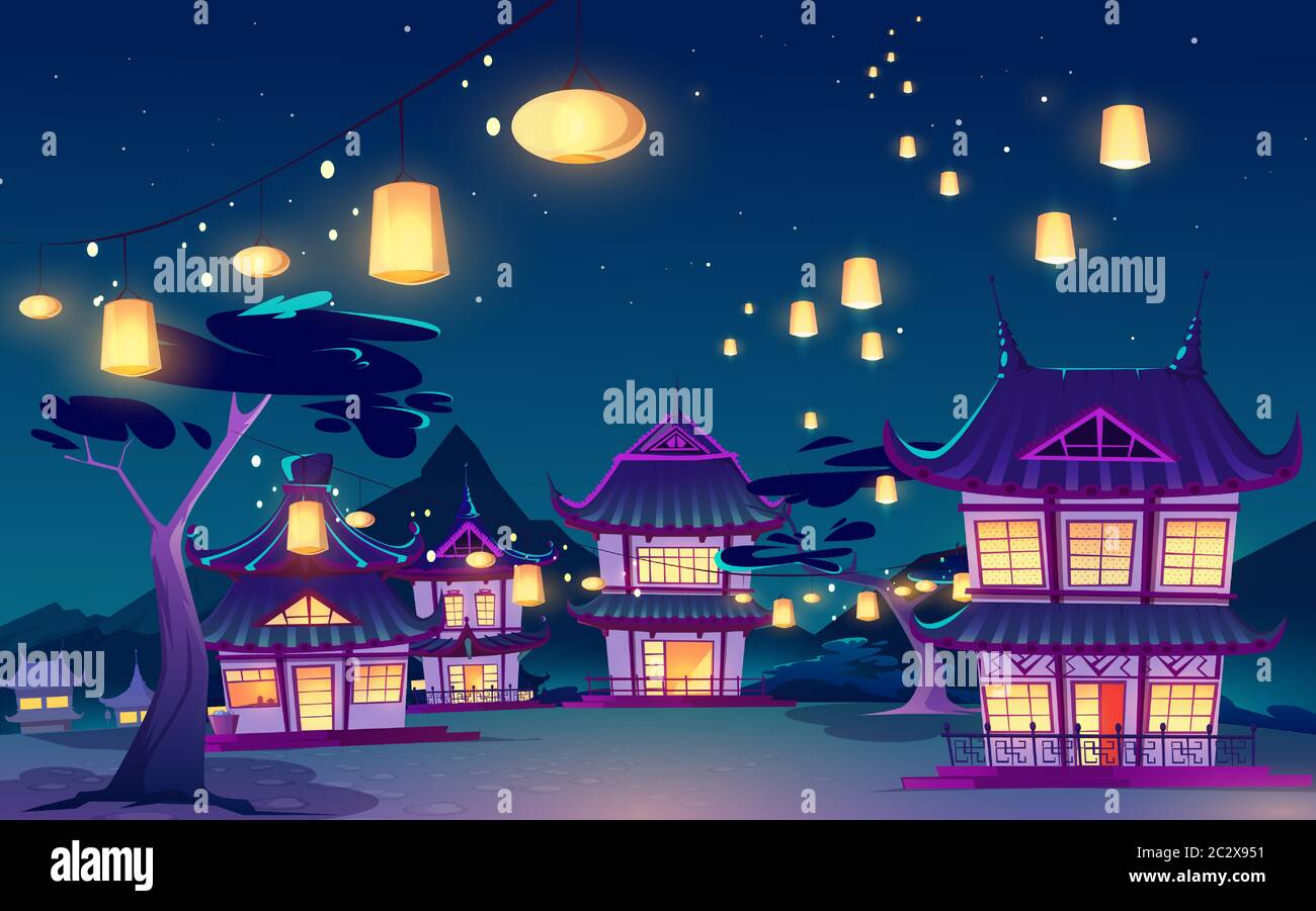 Village asiatique chinois avec maisons traditionnelles et lanternes de festival illuminant dans la rue et volant dans le ciel nocturne. Paysage de dessin animé vectoriel avec chinois, Illustration de Vecteur
