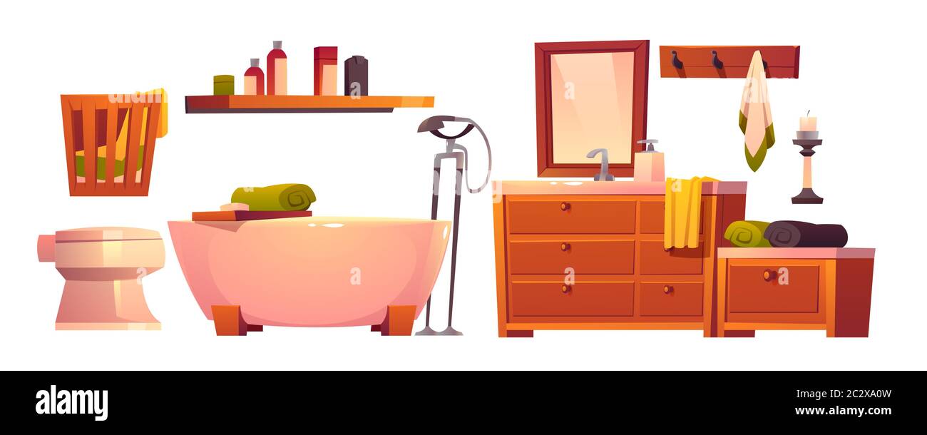 Mobilier rustique de salle de bains dans un style rétro. Meubles en bois vintage, baignoire, toilettes et panier pour linge sale, étagère, miroir et lavabo, propre à Illustration de Vecteur