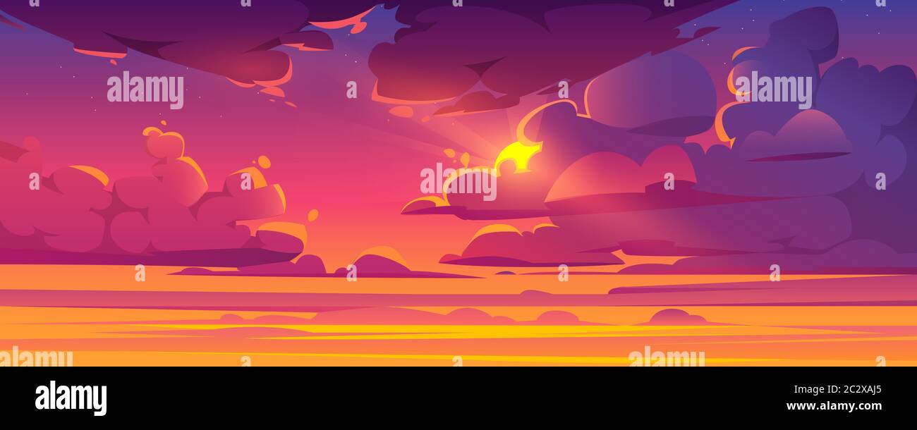 Ciel de coucher de soleil avec un aperçu de nuages moelleux. Magnifique nature paysage fond, rose, orange et lilas paysage nocturne ou matin avec s Illustration de Vecteur