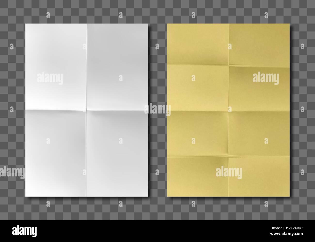 Vue de dessus des feuilles de papier vierges pliées. Maquette réaliste vectoriel de papier blanc et jaune avec plis croisés. Dépliant froissé, prospectus, documents froissés Illustration de Vecteur