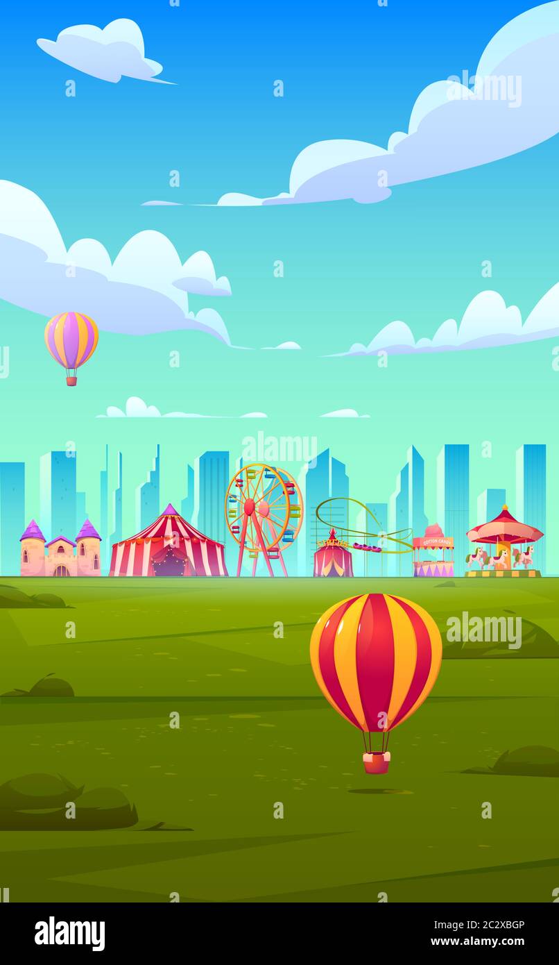Thème d'arrière-plan pour smartphone avec foire de carnaval. Modèle vectoriel pour économiseur d'écran de téléphone mobile avec cirque et parc d'attractions avec montagnes russes, b Illustration de Vecteur