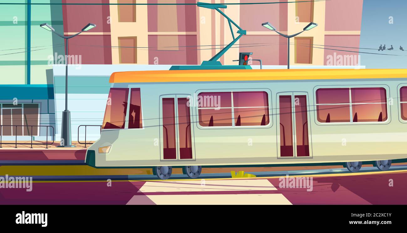 Tram sur la rue de la ville. Tramway avec conducteur sur fond urbain, route avec rails, bâtiments, feu de circulation, passage piéton. Urban co Illustration de Vecteur