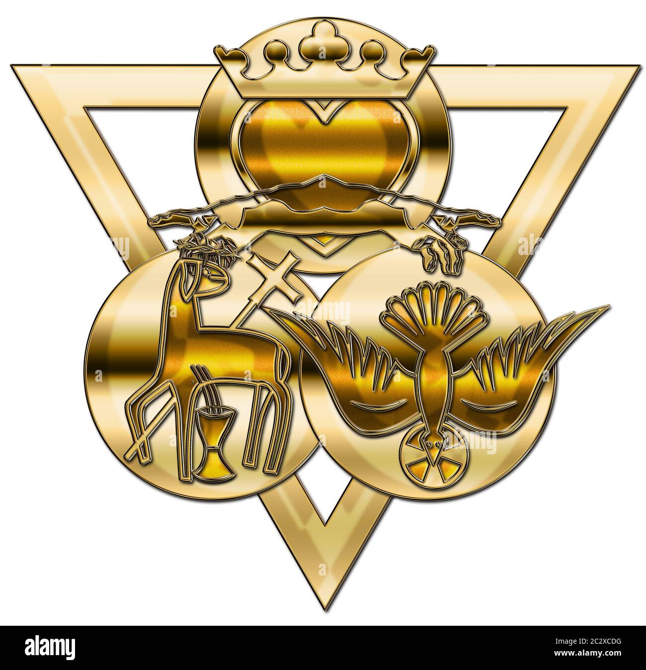 un grand triangle et des cercles avec un coeur, une colombe et un agneau Banque D'Images