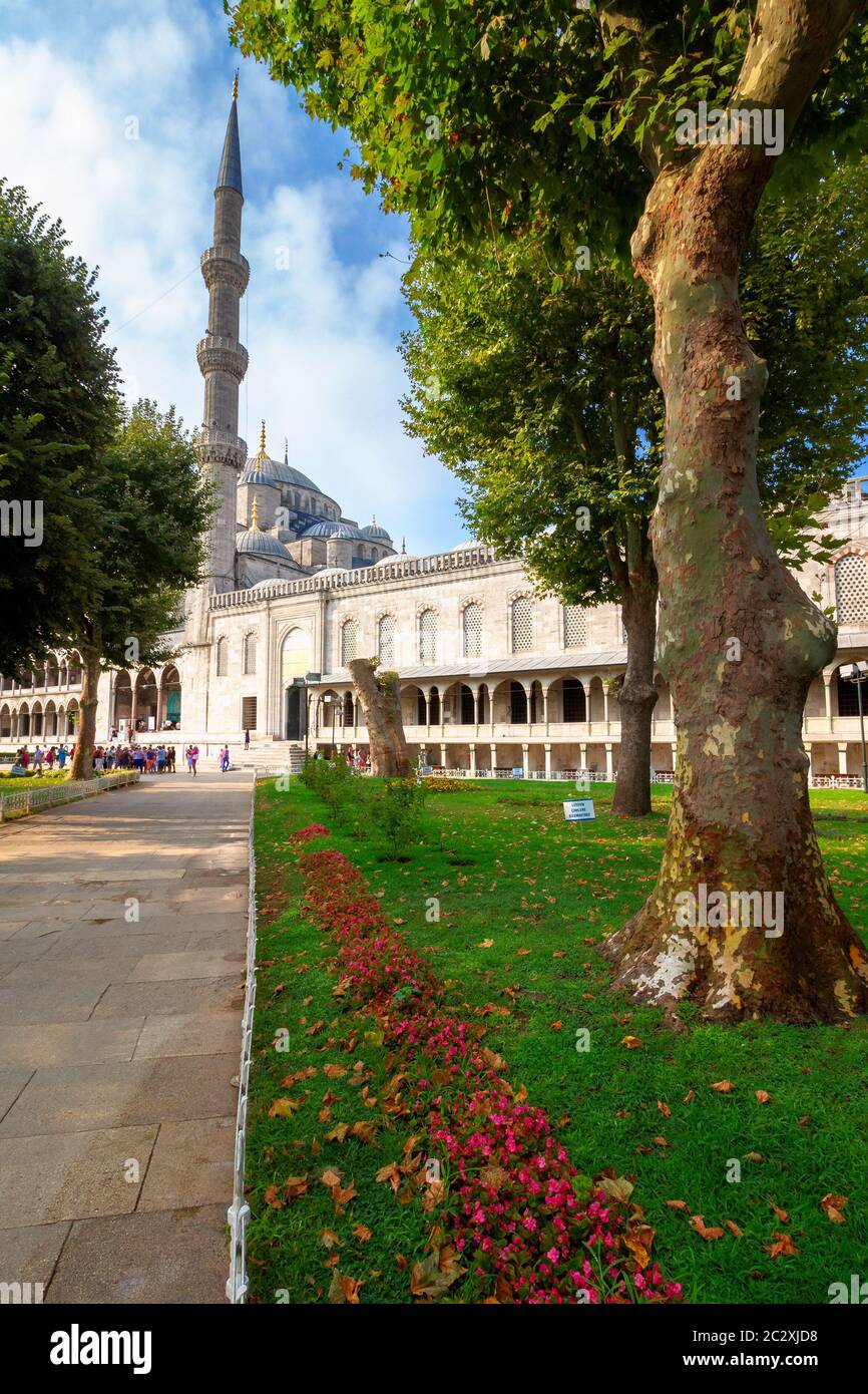 istanbul, turquie - 18 AOÛT 2015 : parc sur le territoire de la mosquée bleue. Magnifique paysage du parc du Sultan Ahmet le matin ensoleillé en été Banque D'Images