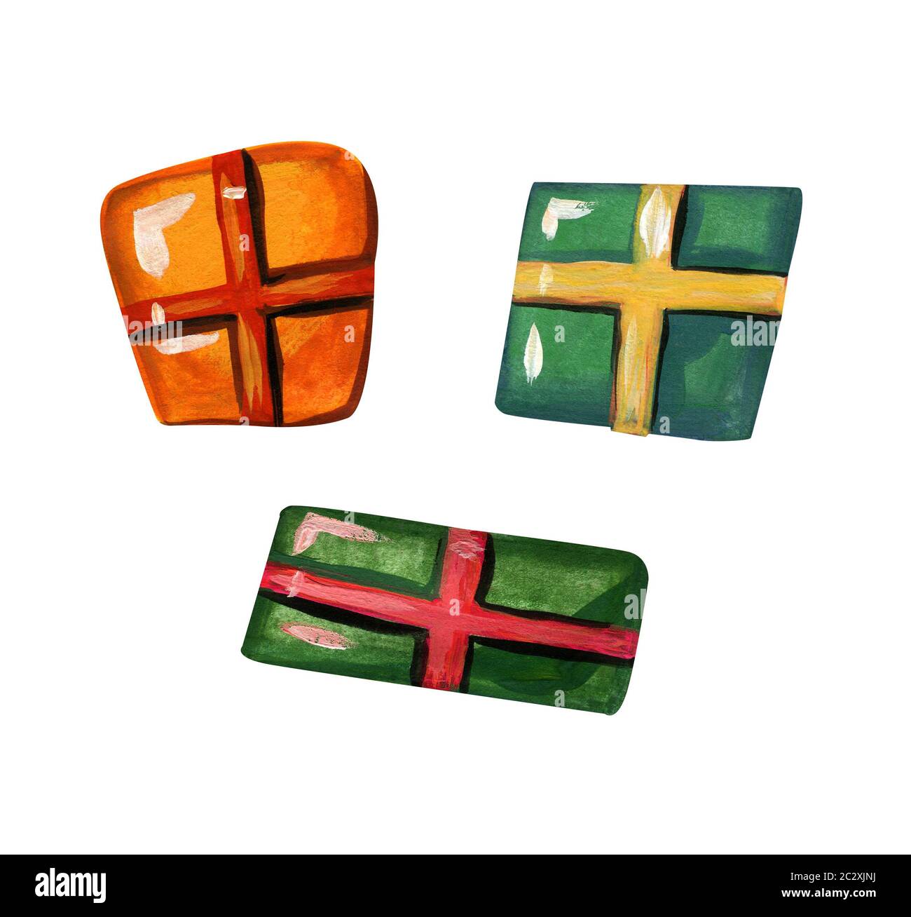 Trois boîtes cadeaux isolé sur un fond blanc. Cadeaux de Noël sont peints à la gouache dans un style minimaliste et télévision avec des rubans colorés. Banque D'Images