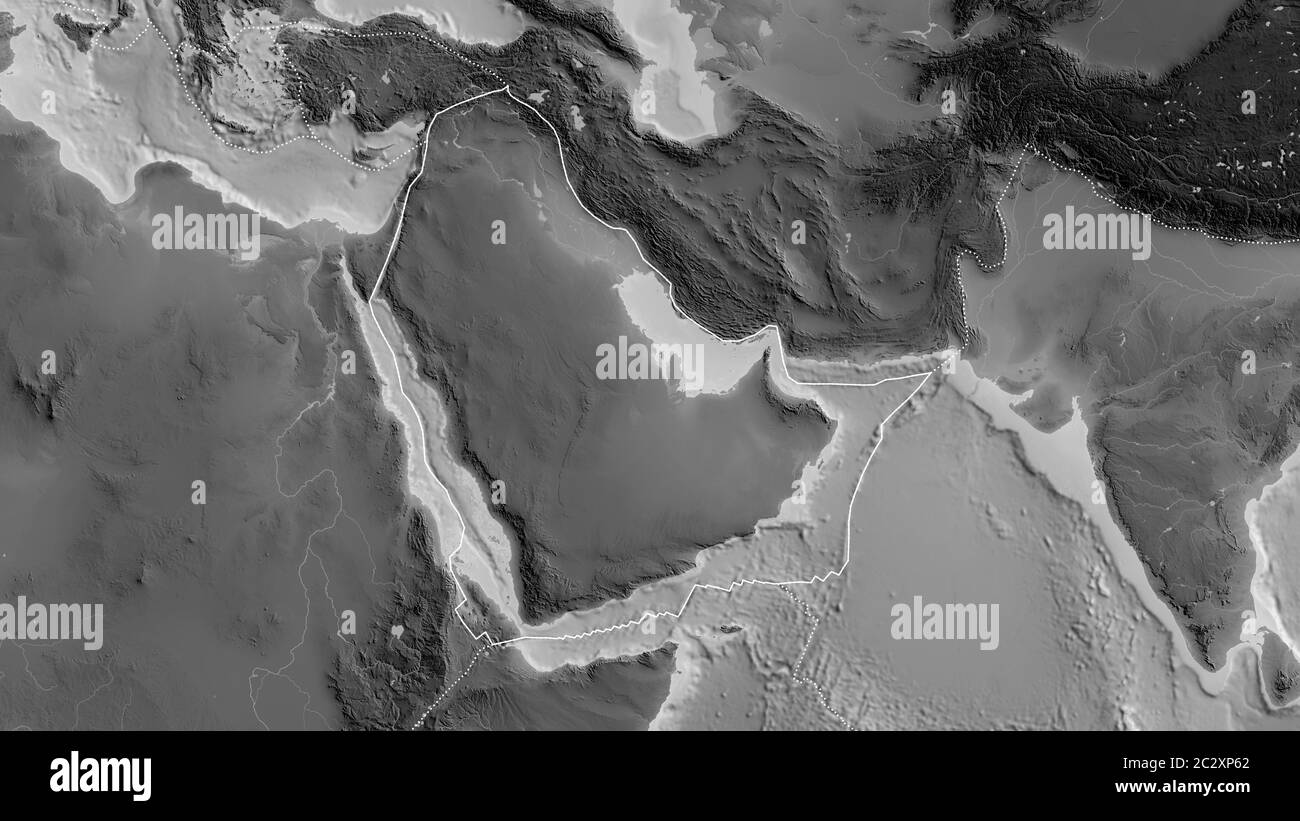 Contour de la plaque tectonique arabe avec les bords des plaques environnantes sur l'arrière-plan d'une carte en niveaux de gris. Rendu 3D Banque D'Images