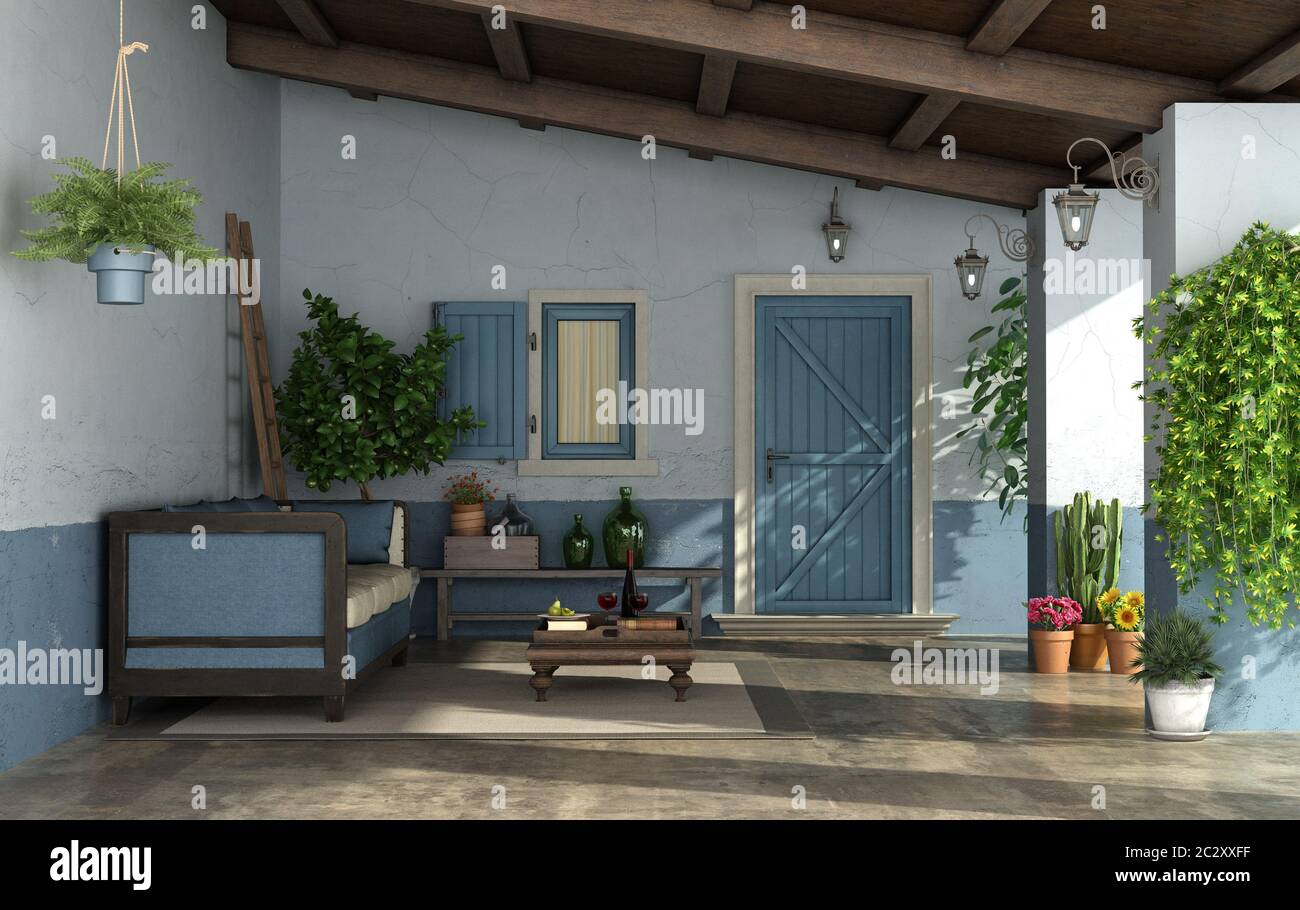 Porche de style méditerranéen avec porte avant, ,vintage canapé et vieux murs- 3D Rendering Banque D'Images