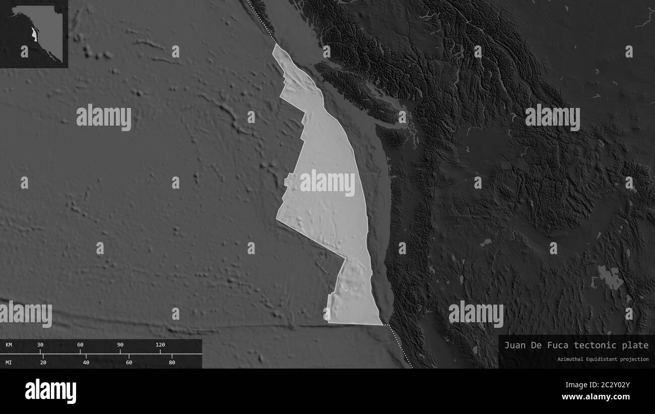 La forme de la plaque Juan de Fuca est entourée d'un fond sombre et désaturé de la carte biniveau avec des superpositions informatives. Rendu 3D Banque D'Images