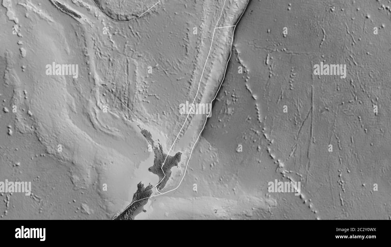 Contour de la plaque tectonique de Kermadec avec les bords des plaques environnantes sur le fond d'une carte en niveaux de gris. Rendu 3D Banque D'Images