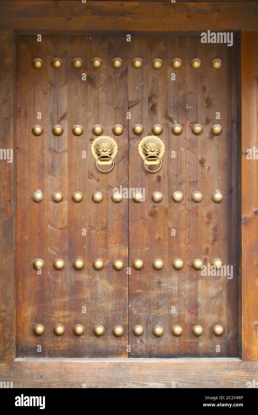 Image de portes doubles en bois lourdes avec des boutons-pression stylisés en laiton à tête de lion et des goujons en laiton. Orientation verticale. Banque D'Images