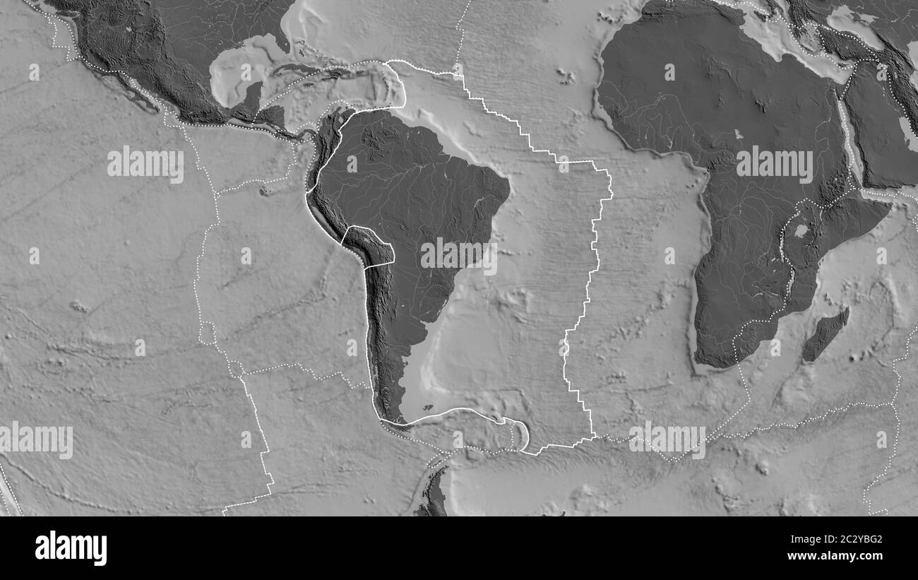 Contour de la plaque tectonique sud-américaine avec les bords des plaques environnantes sur le fond d'une carte à deux niveaux. Rendu 3D Banque D'Images