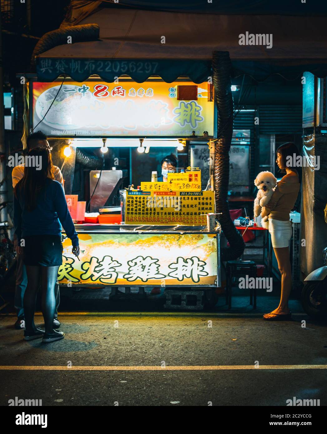 Une fille taïwanaise tient un petit chien sur ses bras tout en attendant à un petit vendeur de nourriture de rue à un marché de nuit local Banque D'Images