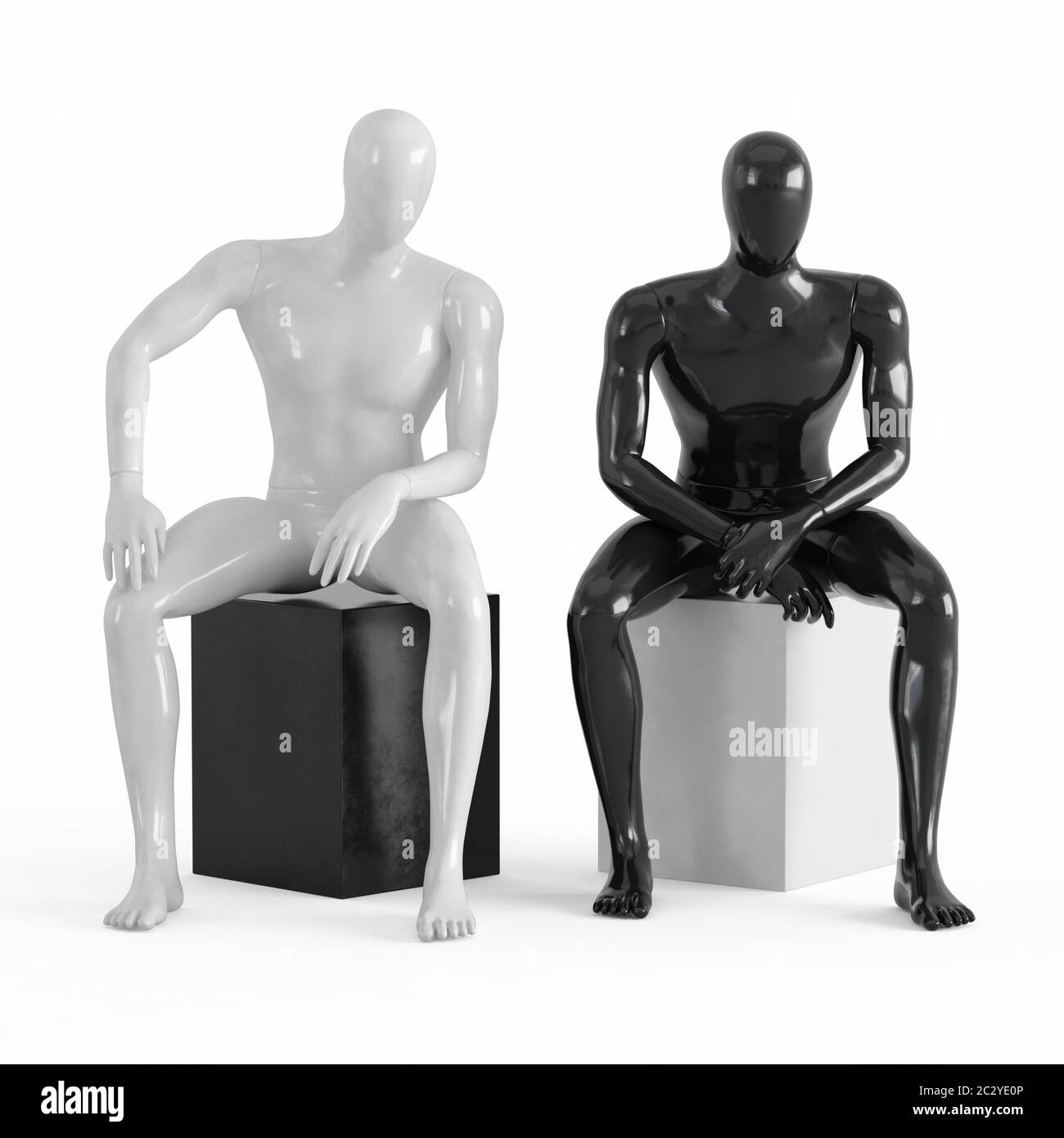 Deux mannequins sans visage sont assis sur une boîte noire et blanche. Rendu 3D en plastique noir et blanc Banque D'Images