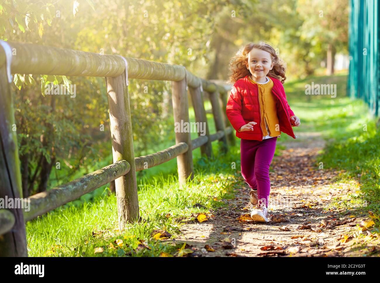 Adorable petite fille qui marche dans la région de park sur un jour d'automne. Female toddler de jaune, rouge et mauve les vêtements. Banque D'Images