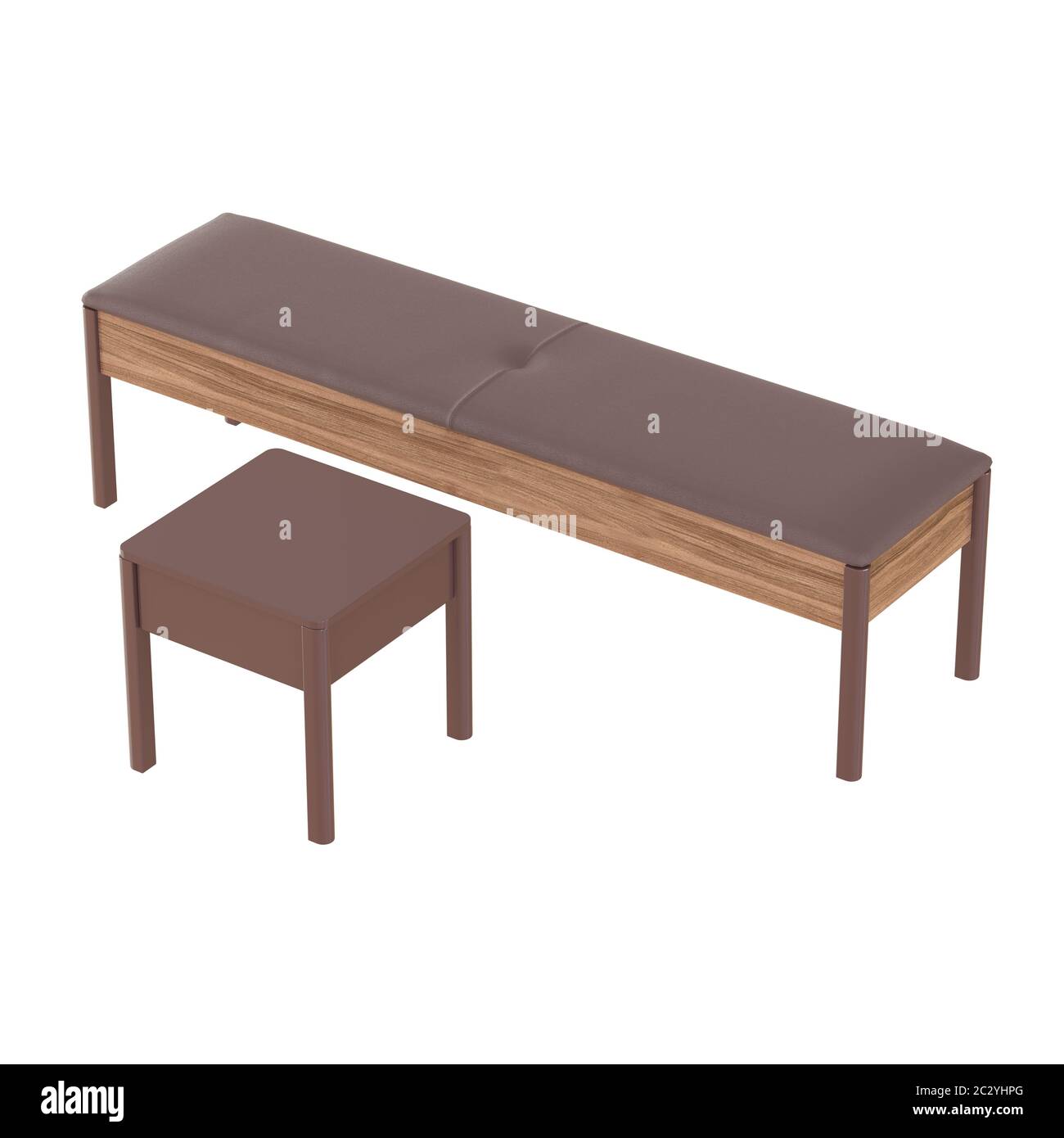 Un tabouret en bois et une banquette avec un sydle en cuir sur fond blanc. rendu 3d Banque D'Images Un tabouret en bois et une banquette avec un sydle en cuir sur fond blanc. rendu 3d Banque D'Images