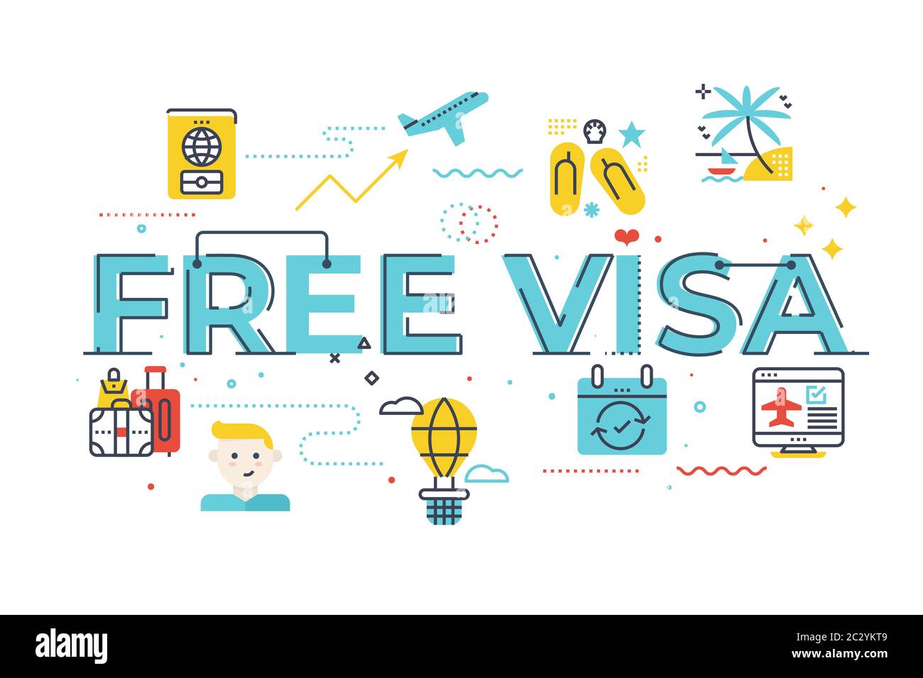 Illustration de lettrage de mot de visa gratuit avec icônes pour bannière Web, prospectus, page d'arrivée, présentation, couverture de livre, article, etc Illustration de Vecteur
