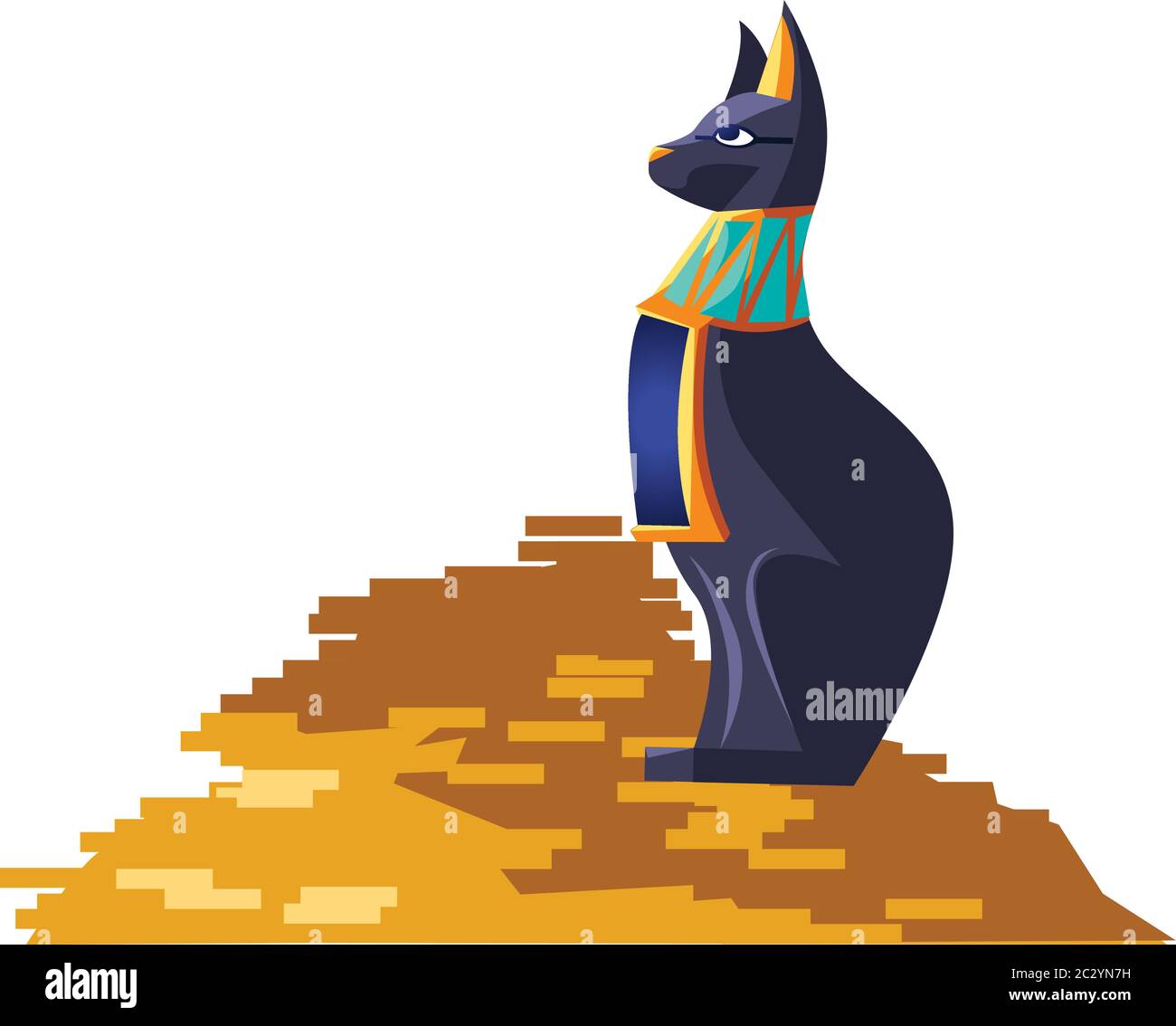 Illustration De Dessin Anime Vecteur De Chat De La Deesse De L Egypte Antique Symbole De La Culture Egyptienne Statue Noire De La Deesse Bastet Animal Sacre Avec Un Bouquet D Or Image Vectorielle
