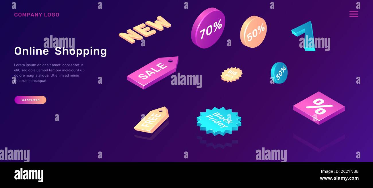 Achat en ligne, illustration vectorielle de concept isométrique. 3D vente et rabais promo icônes sur fond ultraviolet, page d'arrivée de l'agence de publicité Illustration de Vecteur