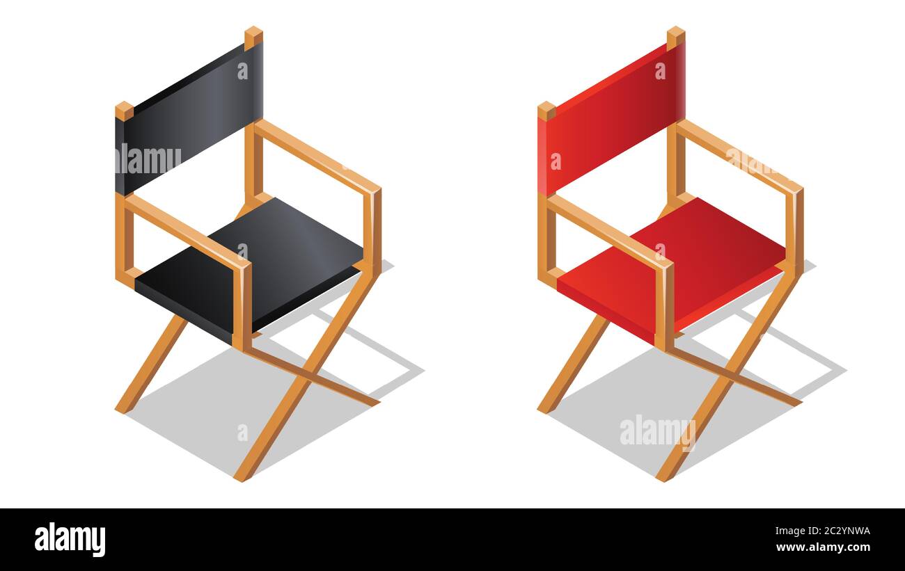 Icône isométrique de chaise de réalisateur ou de film avec ombre, illustration vectorielle de dessin animé. Sièges 3d en bois noir et rouge pliables pour producteur ou acteur iso Illustration de Vecteur
