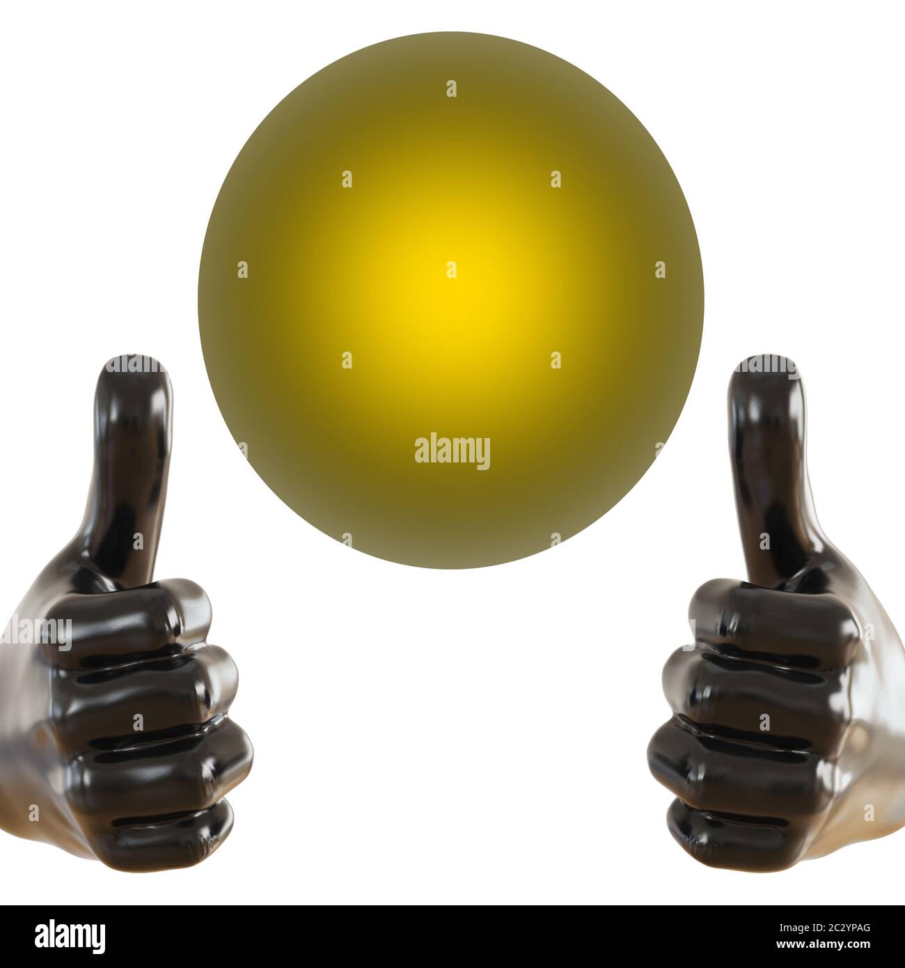 Figurine noire d'une main avec un pouce en saillie et une boule jaune brillante sur un fond isolé. rendu 3d Banque D'Images