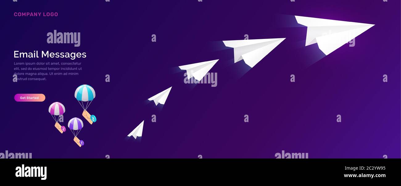 Service de messagerie électronique, illustration vectorielle de concept isométrique. Avion de papier volant et enveloppes d'icônes de parachutisme, message non lu, page Web ultraviolet Illustration de Vecteur