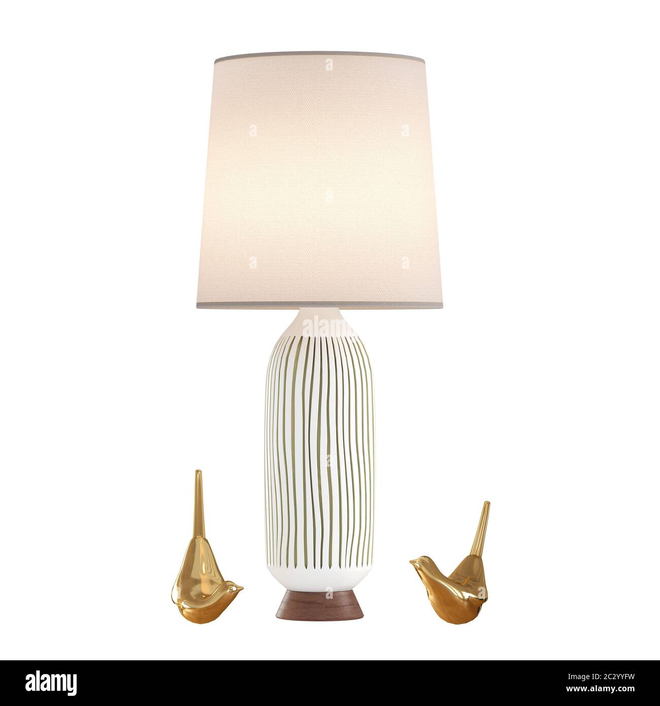 Lampe de table décorative et deux oiseaux d'or sur un fond isolé. rendu 3d Banque D'Images