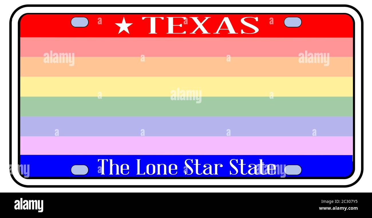 Plaque d'immatriculation d'état Texas vierge dans les couleurs du drapeau d'état avec LGBT Rainbow sur un fond blanc Banque D'Images