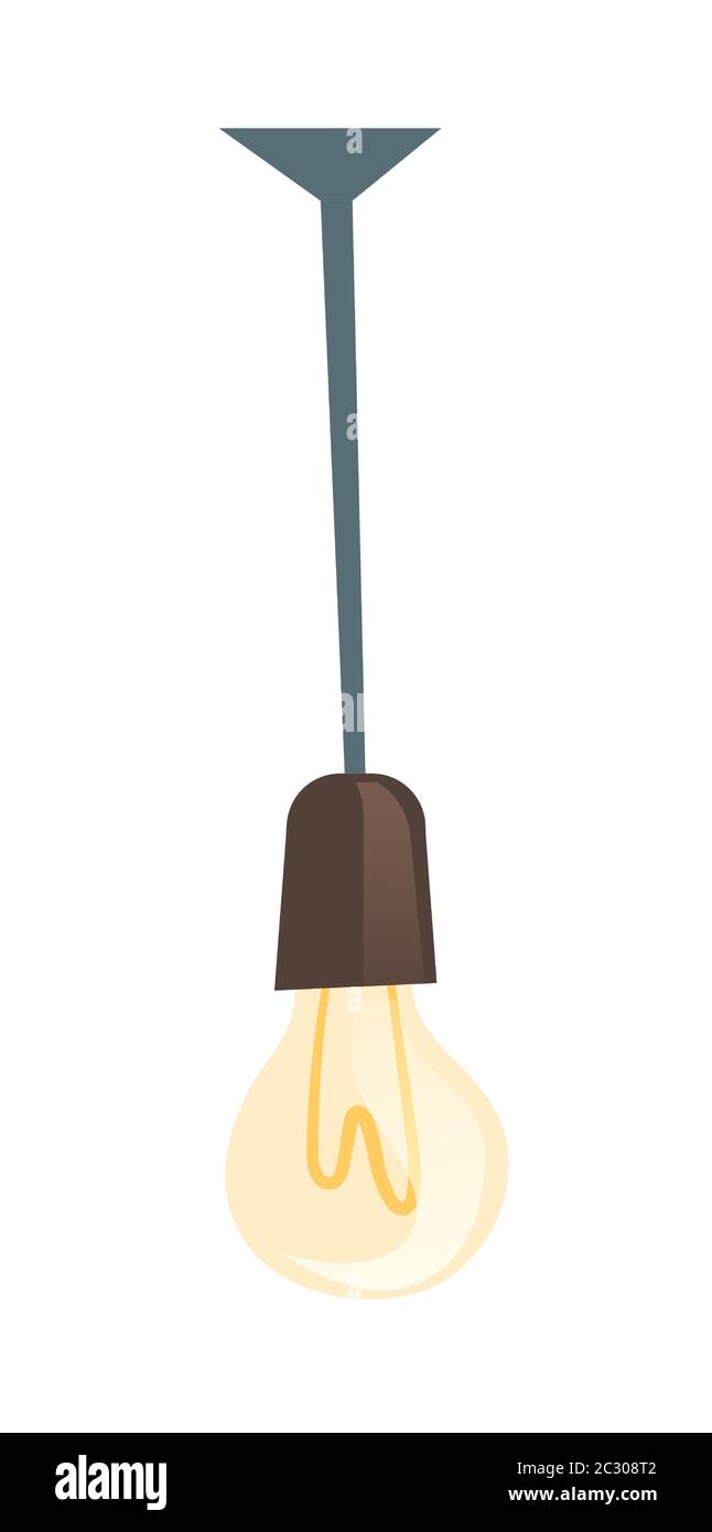 Ampoule lumineuse, lampe électrique suspendue au fil du plafond. Icône de dessin animé vectoriel de l'ampoule à incandescence en verre avec filament isolé sur le blanc ba Illustration de Vecteur