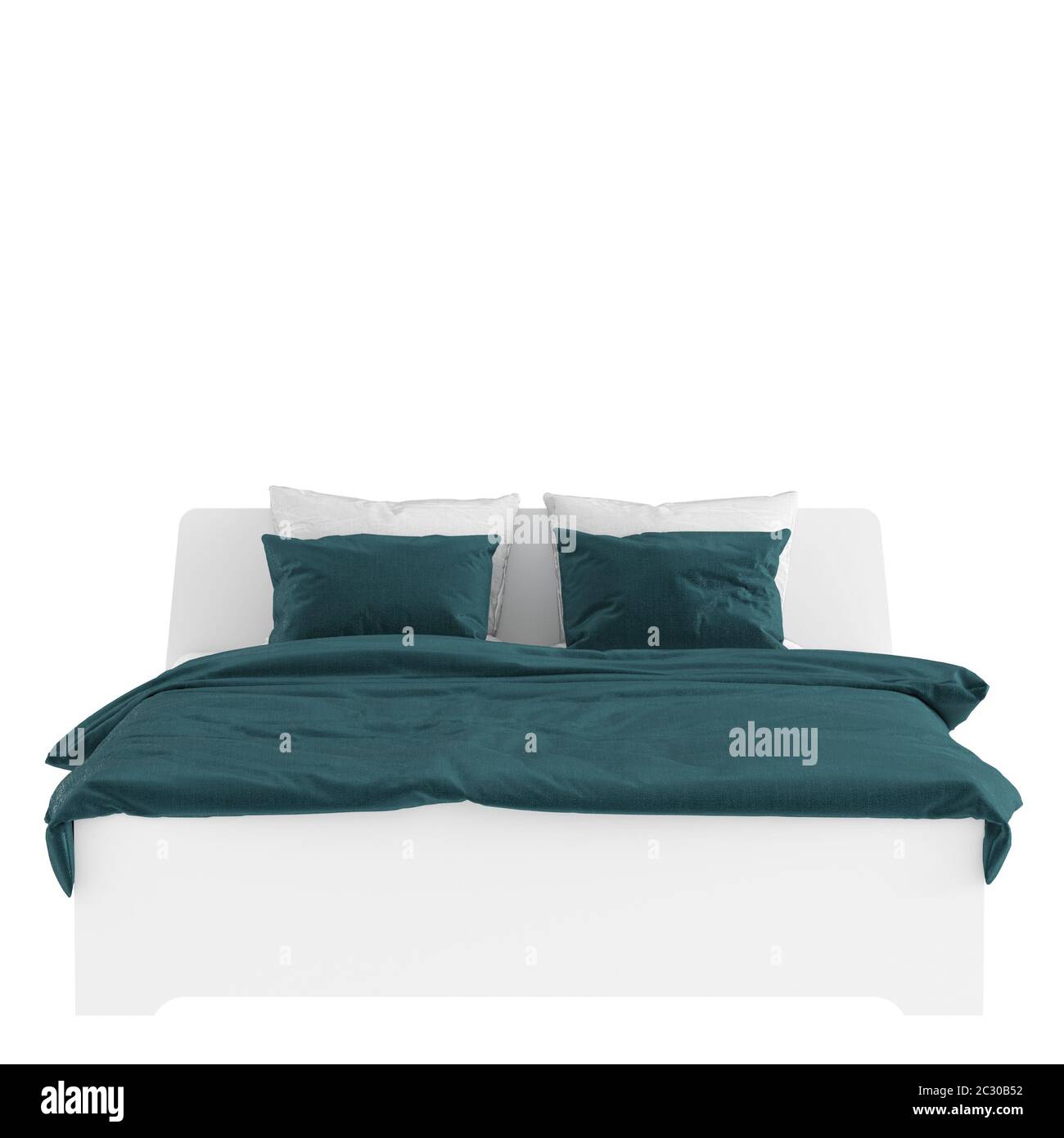 Un grand lit double blanc avec oreillers et une couverture sur fond blanc. rendu 3d Banque D'Images