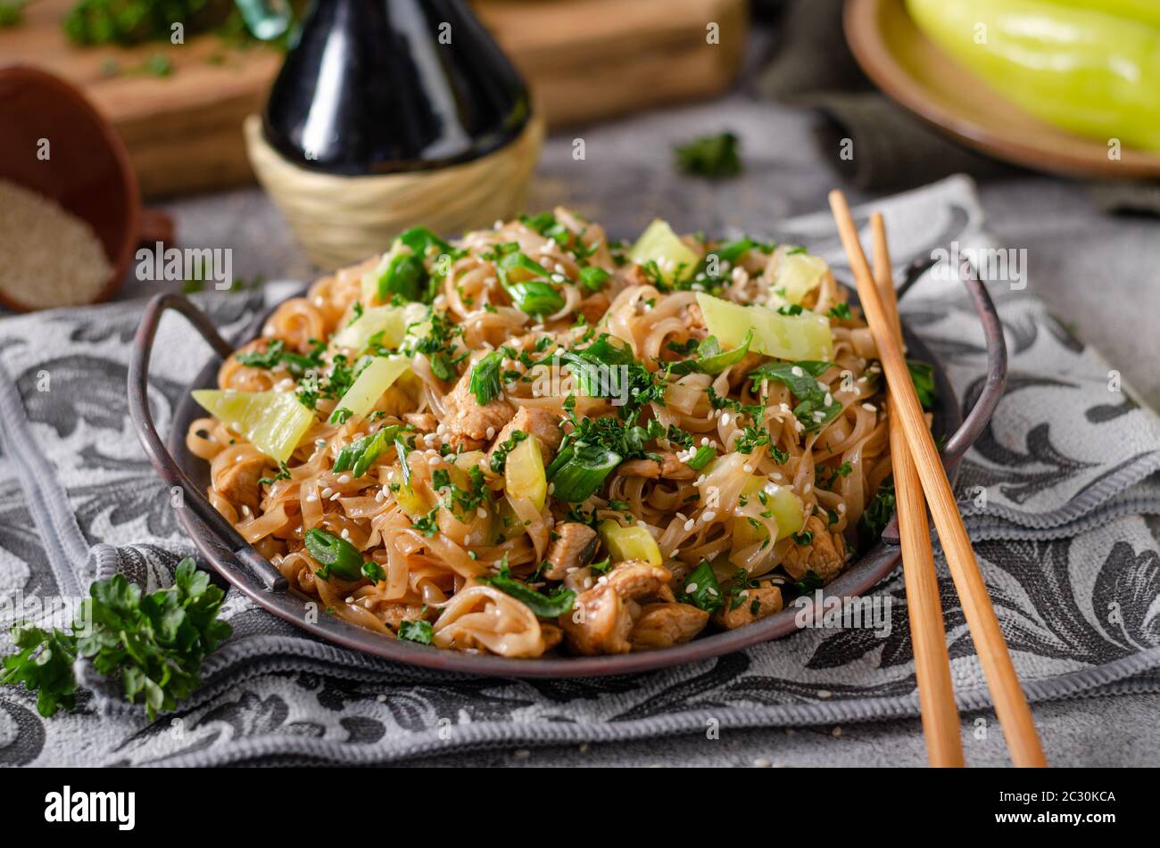 Nouilles croustillantes avec poulet grillé, légumes frais et sauce soja Banque D'Images